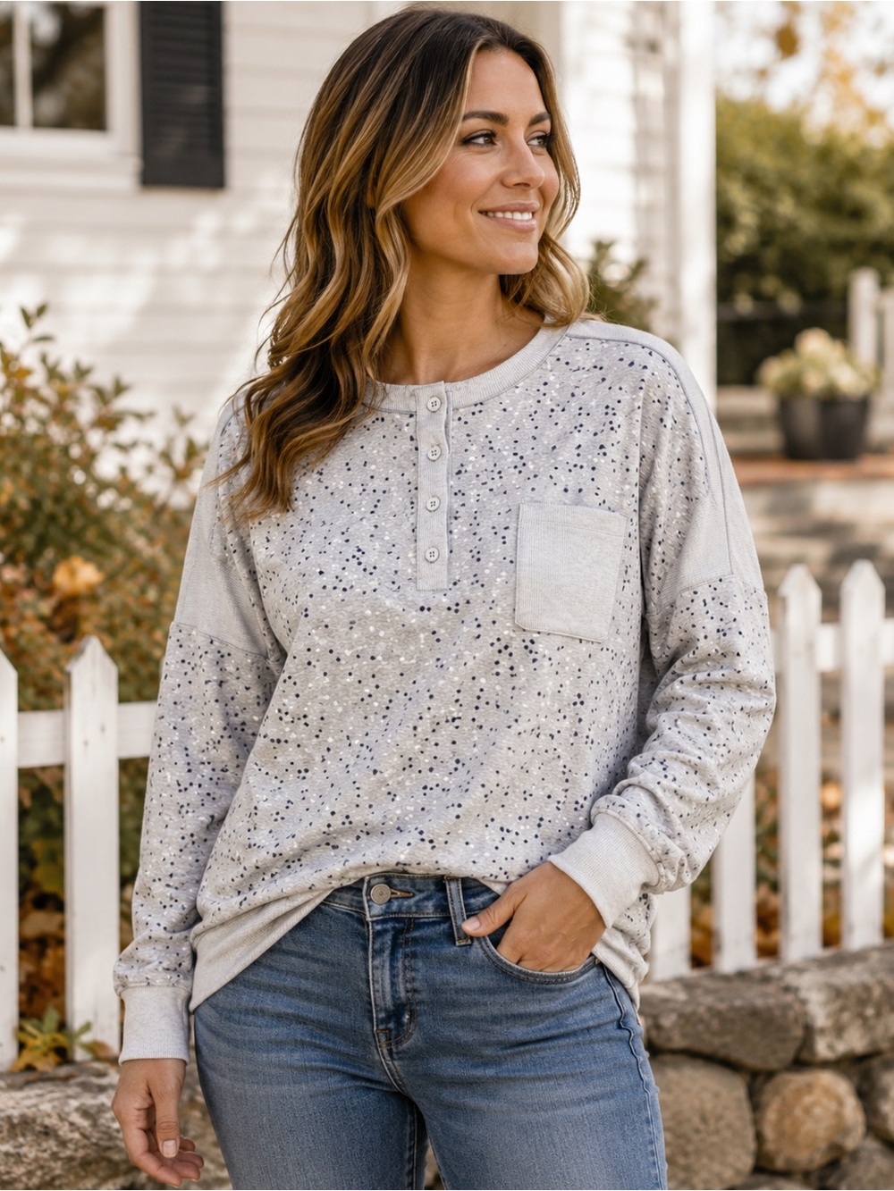Splendid Women’s XL Gray Speckled Henley Sweatshirt Pullover Pocket
